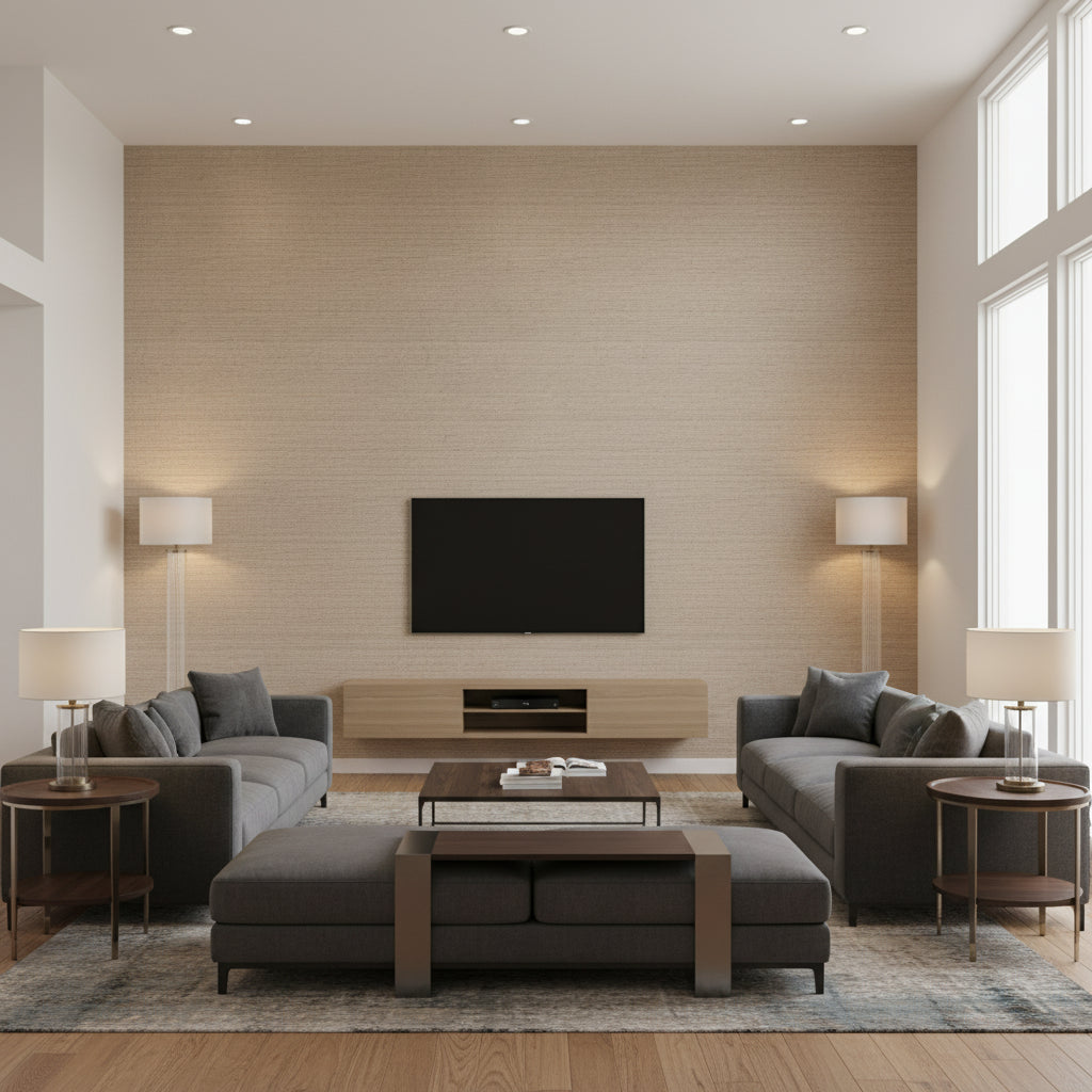 Akoya Pearl Grey Brown Pearl Brown Pearl | Thibaut - Living Room Visualization (AI-generated, may not be to scale. Verify pattern scale with product specifications.)