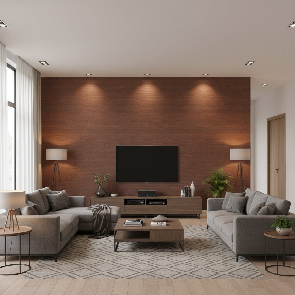 Akoya Pearl Grey Chocolate Pearl Chocolate Pearl | Thibaut - Living Room Visualization (AI-generated, may not be to scale. Verify pattern scale with product specifications.)