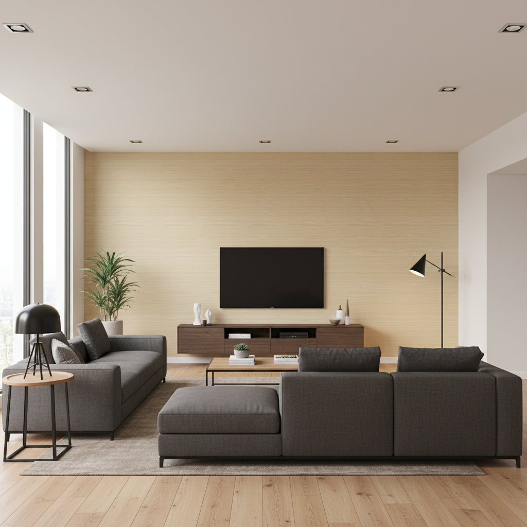 Natural Metal Grey Metal Straw Metal Straw | Thibaut - Living Room Visualization (AI-generated, may not be to scale. Verify pattern scale with product specifications.)