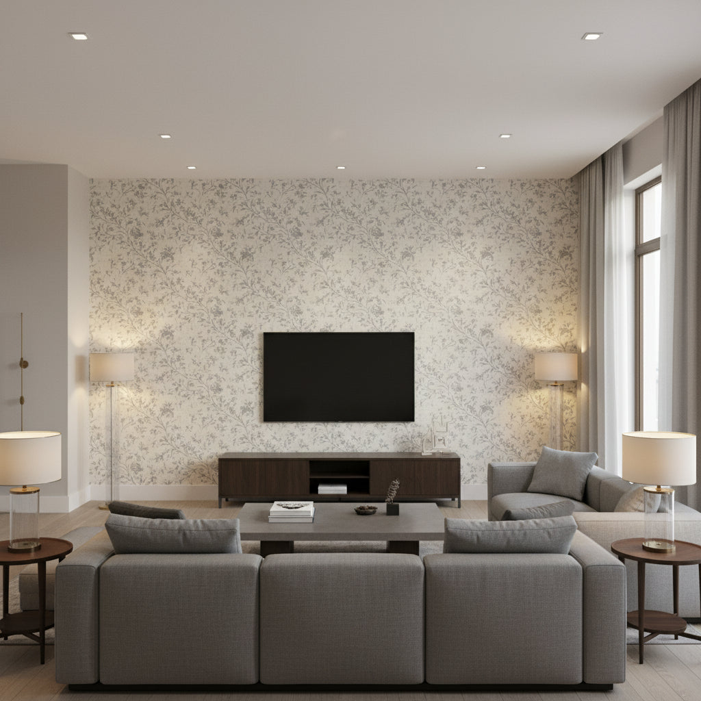 Natural Metal Brown Metal pale green | Thibaut - Living Room Visualization (AI-generated, may not be to scale. Verify pattern scale with product specifications.)