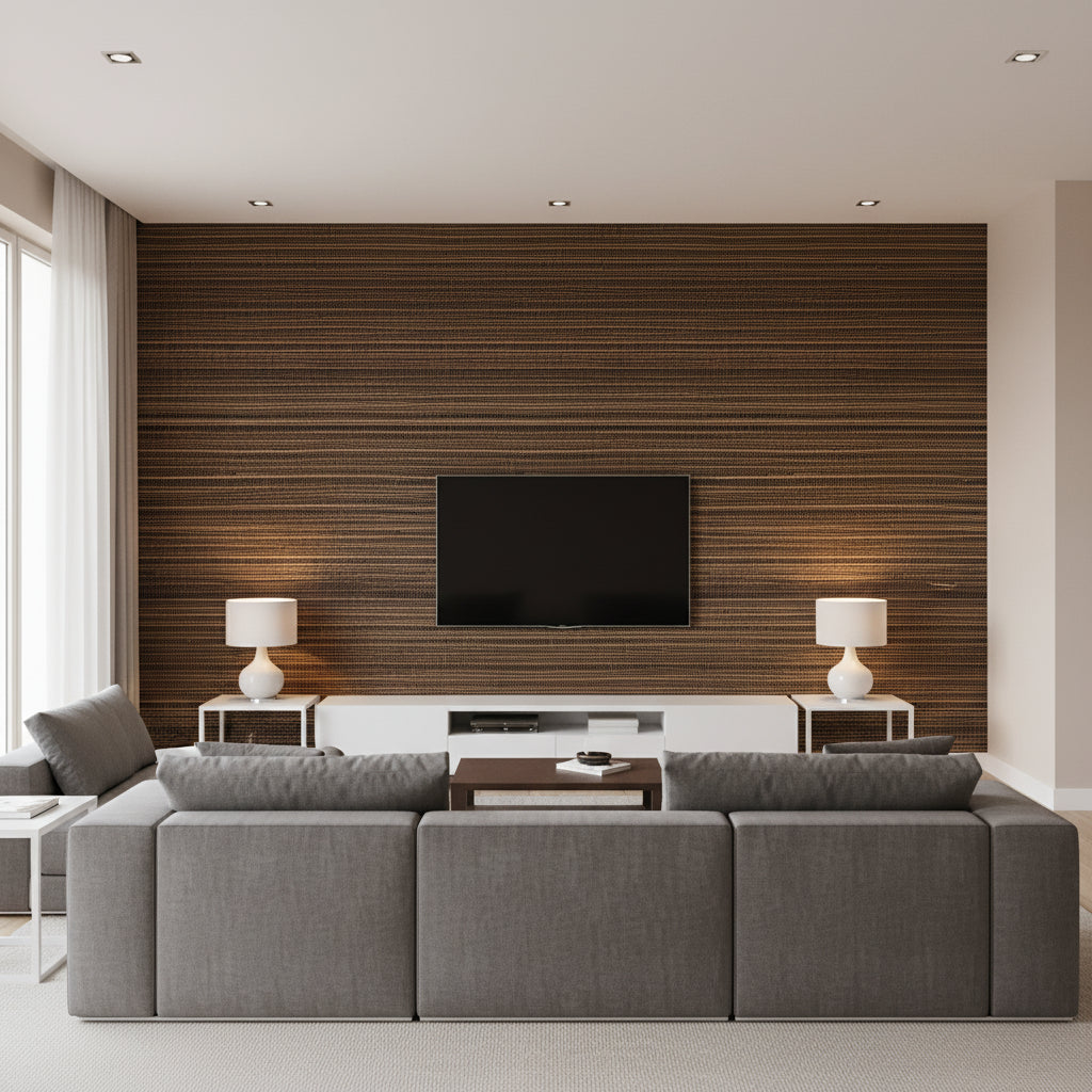 Antilles Weave Black Black | Thibaut - Living Room Visualization (AI-generated, may not be to scale. Verify pattern scale with product specifications.)