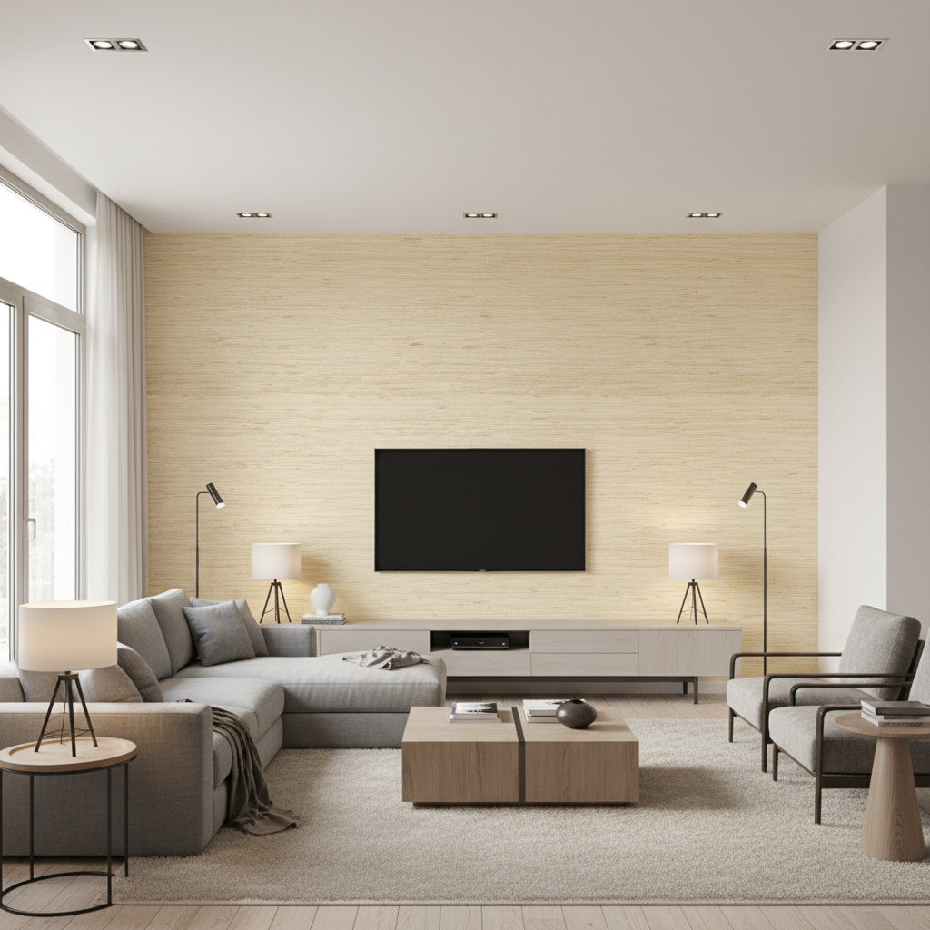 Andros Metallic Silver on Cream Cream | Thibaut - Living Room Visualization (AI-generated, may not be to scale. Verify pattern scale with product specifications.)