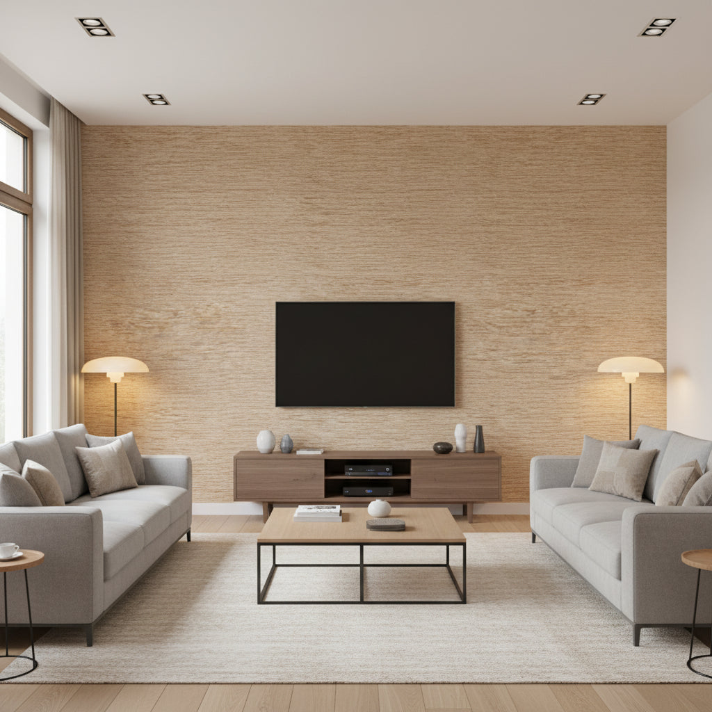 Andros Metallic Silver on Light Brown Light Brown | Thibaut - Living Room Visualization (AI-generated, may not be to scale. Verify pattern scale with product specifications.)