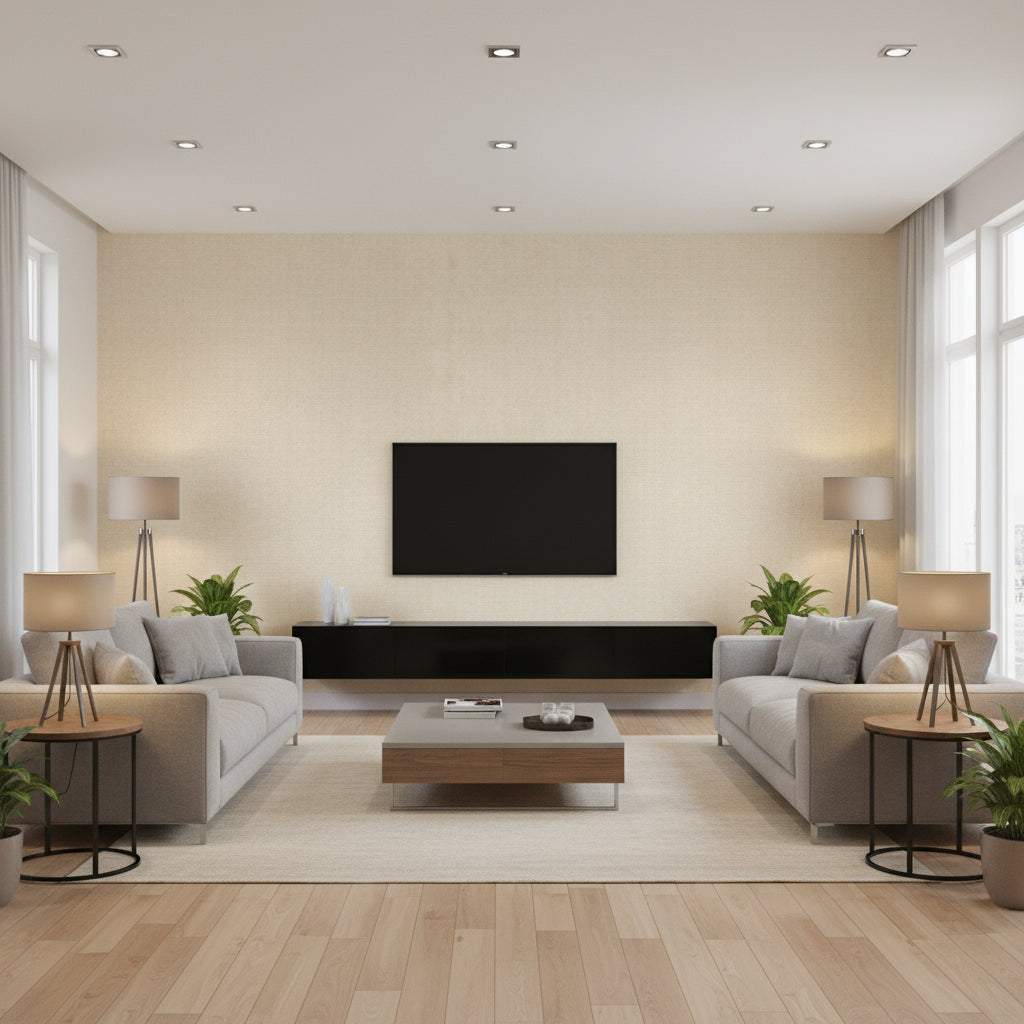 Pacific Weave Cream Cream | Thibaut - Living Room Visualization (AI-generated, may not be to scale. Verify pattern scale with product specifications.)