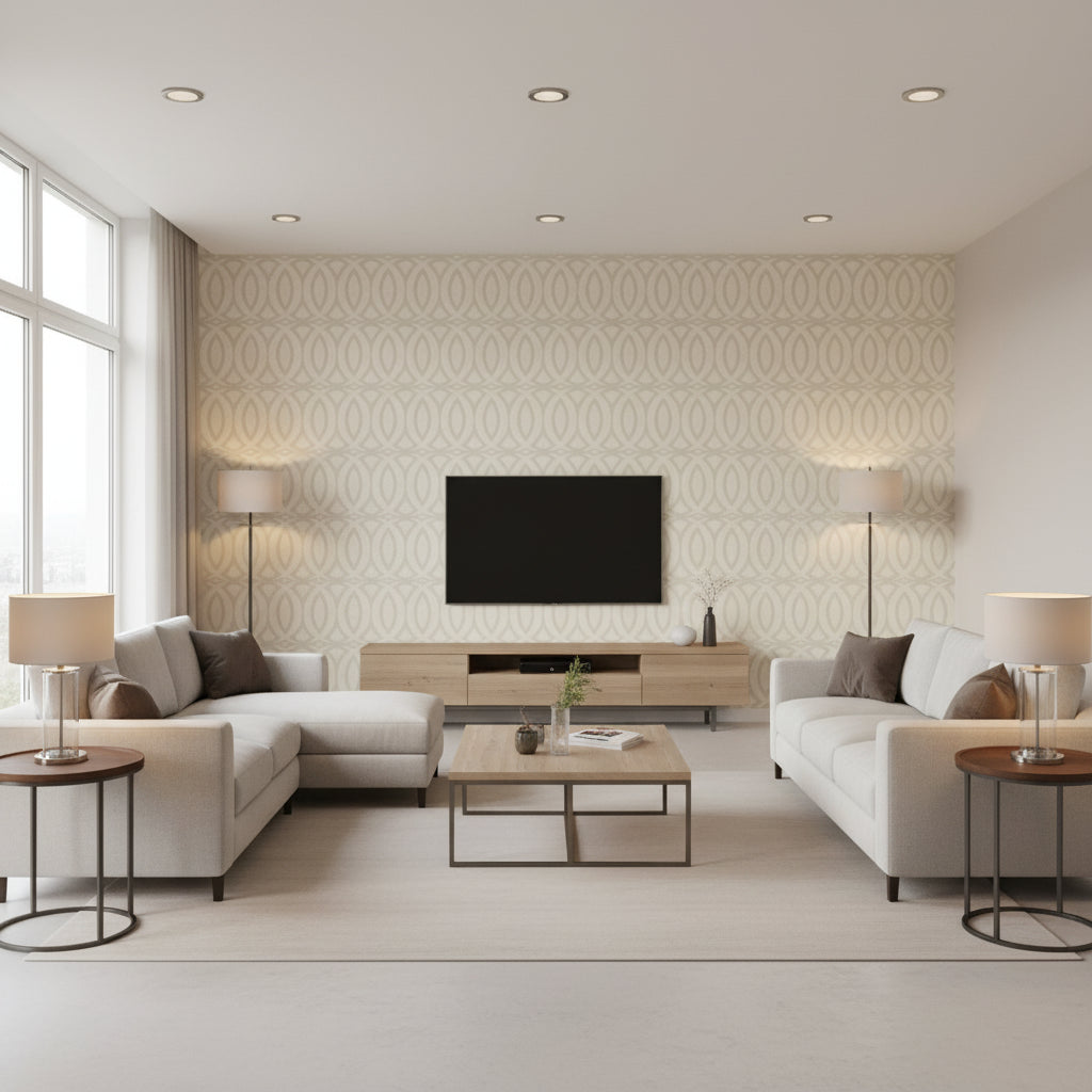 Artessa Weave Beige Beige | Thibaut - Living Room Visualization (AI-generated, may not be to scale. Verify pattern scale with product specifications.)