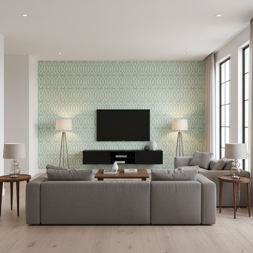 Martello Aqua Aqua | Thibaut - Living Room Visualization (AI-generated, may not be to scale. Verify pattern scale with product specifications.)