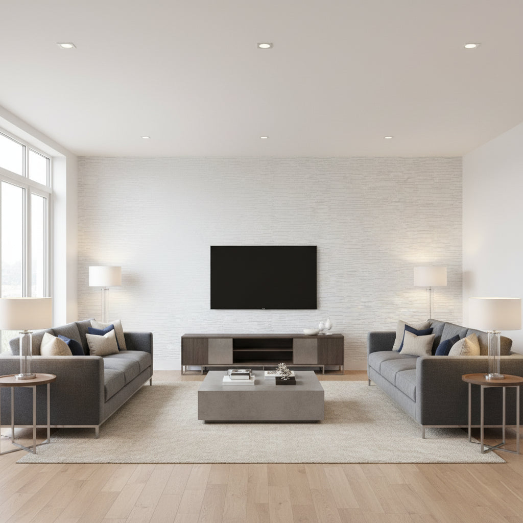 Sierra Metallic Silver on Metallic Silver on Soft Blue Metallic Silver on Soft Blue | Thibaut - Living Room Visualization (AI-generated, may not be to scale. Verify pattern scale with product specifications.)