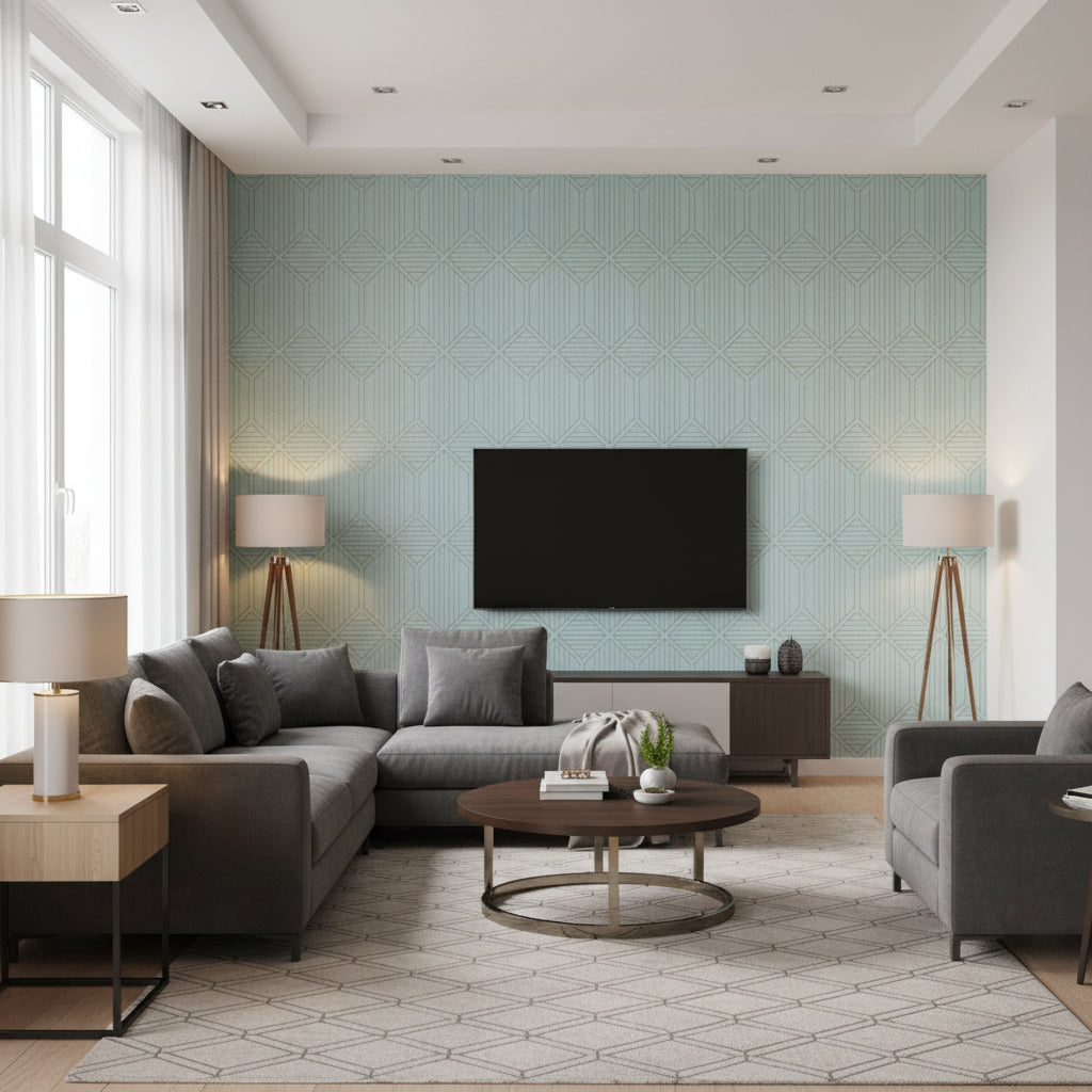 Yuma pale blue | Thibaut - Living Room Visualization (AI-generated, may not be to scale. Verify pattern scale with product specifications.)