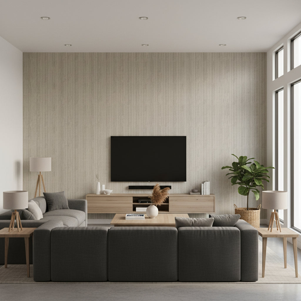 Pearl Bay Off Grey Grey | Thibaut - Living Room Visualization (AI-generated, may not be to scale. Verify pattern scale with product specifications.)