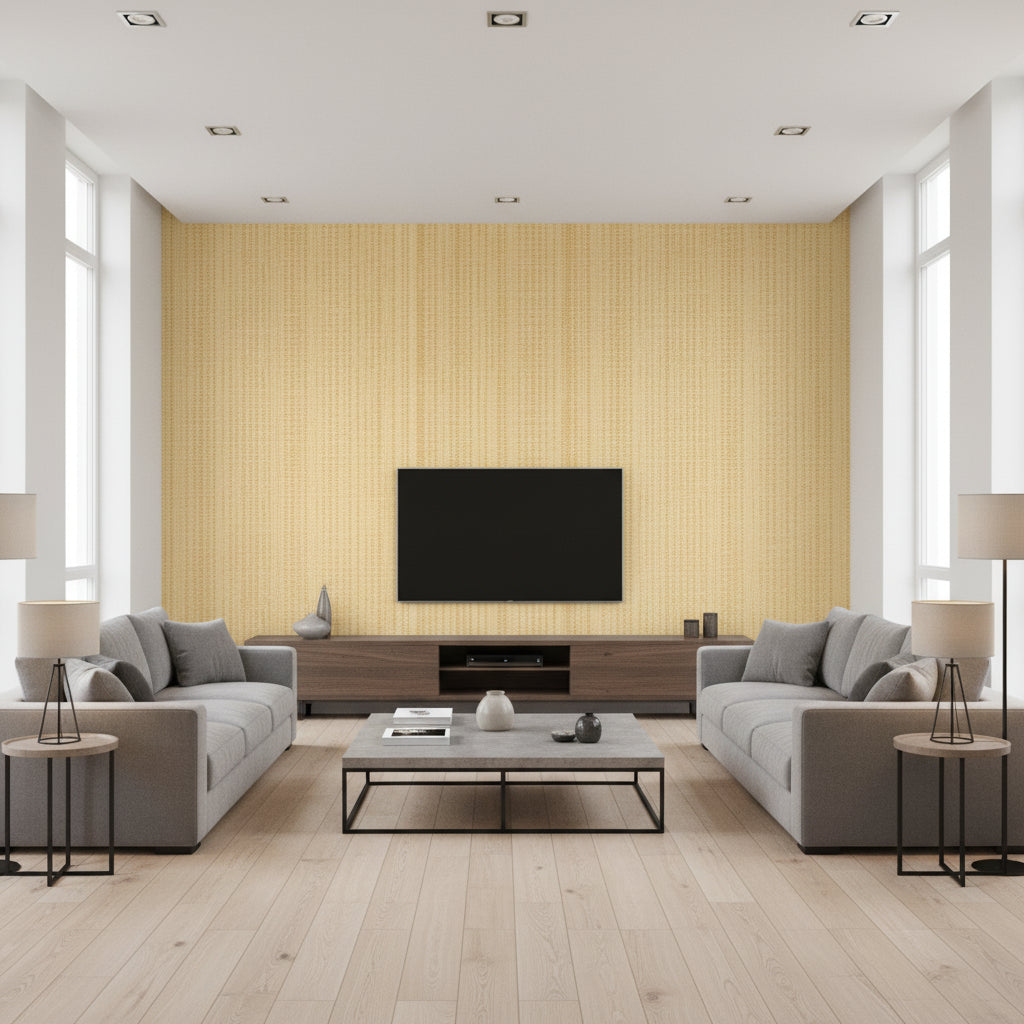 Pearl Bay Off Straw Straw | Thibaut - Living Room Visualization (AI-generated, may not be to scale. Verify pattern scale with product specifications.)