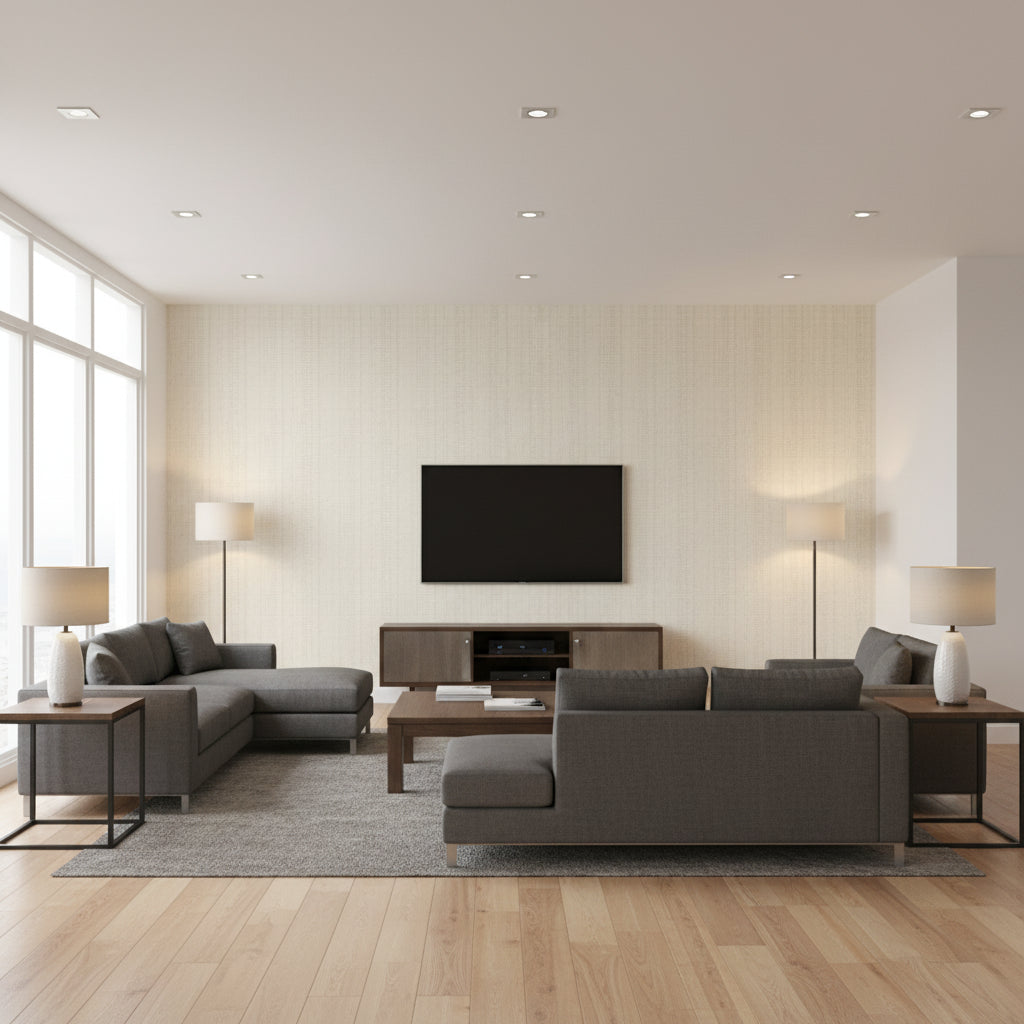 Pearl Bay Off Eggshell Eggshell | Thibaut - Living Room Visualization (AI-generated, may not be to scale. Verify pattern scale with product specifications.)