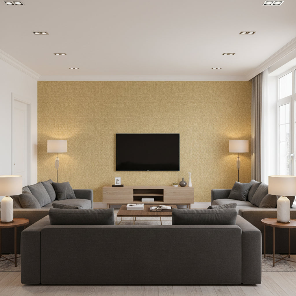 Gulf Shore Gold Gold | Thibaut - Living Room Visualization (AI-generated, may not be to scale. Verify pattern scale with product specifications.)