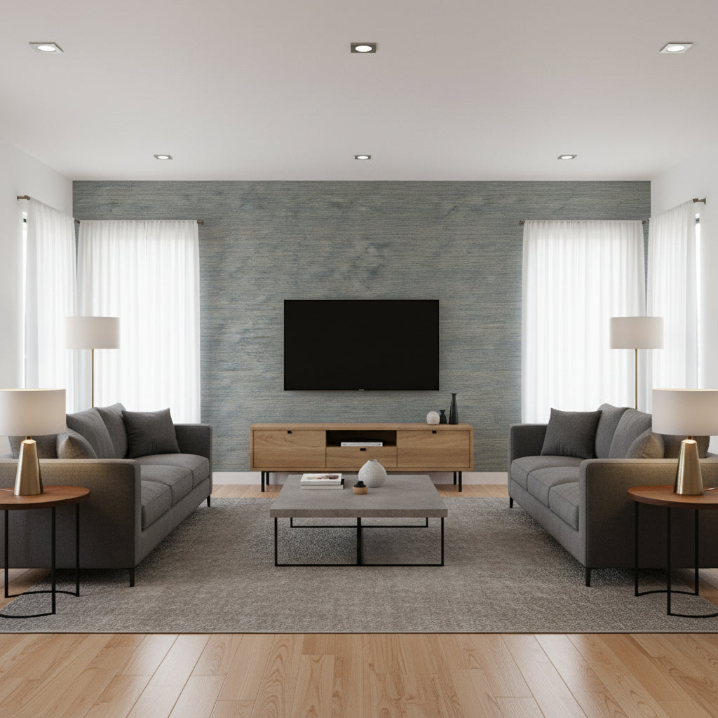 Gulf Shore Teal Teal | Thibaut - Living Room Visualization (AI-generated, may not be to scale. Verify pattern scale with product specifications.)