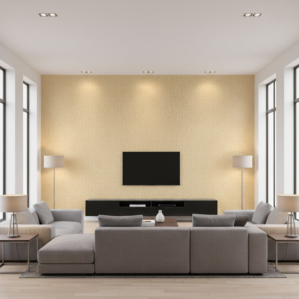 Carolina Raffia Tobacco Tobacco | Thibaut - Living Room Visualization (AI-generated, may not be to scale. Verify pattern scale with product specifications.)