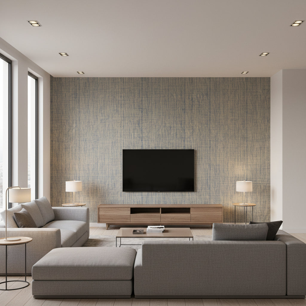 Regatta Raffia Mineral Tan and Navy Tan and Navy | Thibaut - Living Room Visualization (AI-generated, may not be to scale. Verify pattern scale with product specifications.)