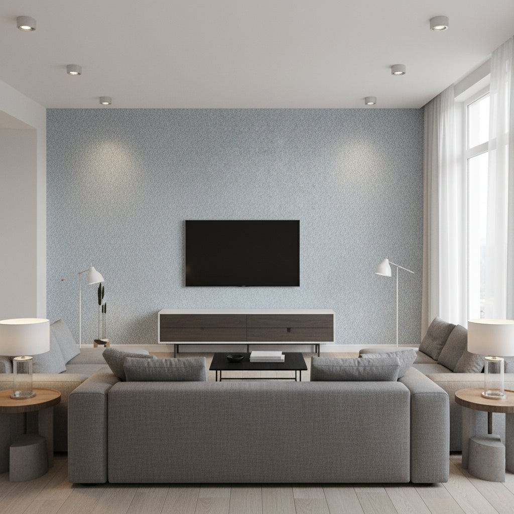 Maze Grasscloth Blue Blue | Thibaut - Living Room Visualization (AI-generated, may not be to scale. Verify pattern scale with product specifications.)