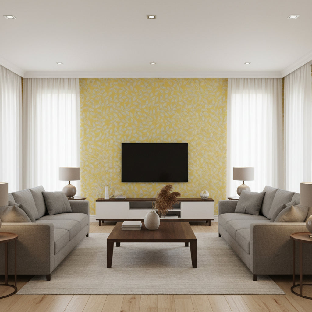 Havendale Gold Gold | Thibaut - Living Room Visualization (AI-generated, may not be to scale. Verify pattern scale with product specifications.)