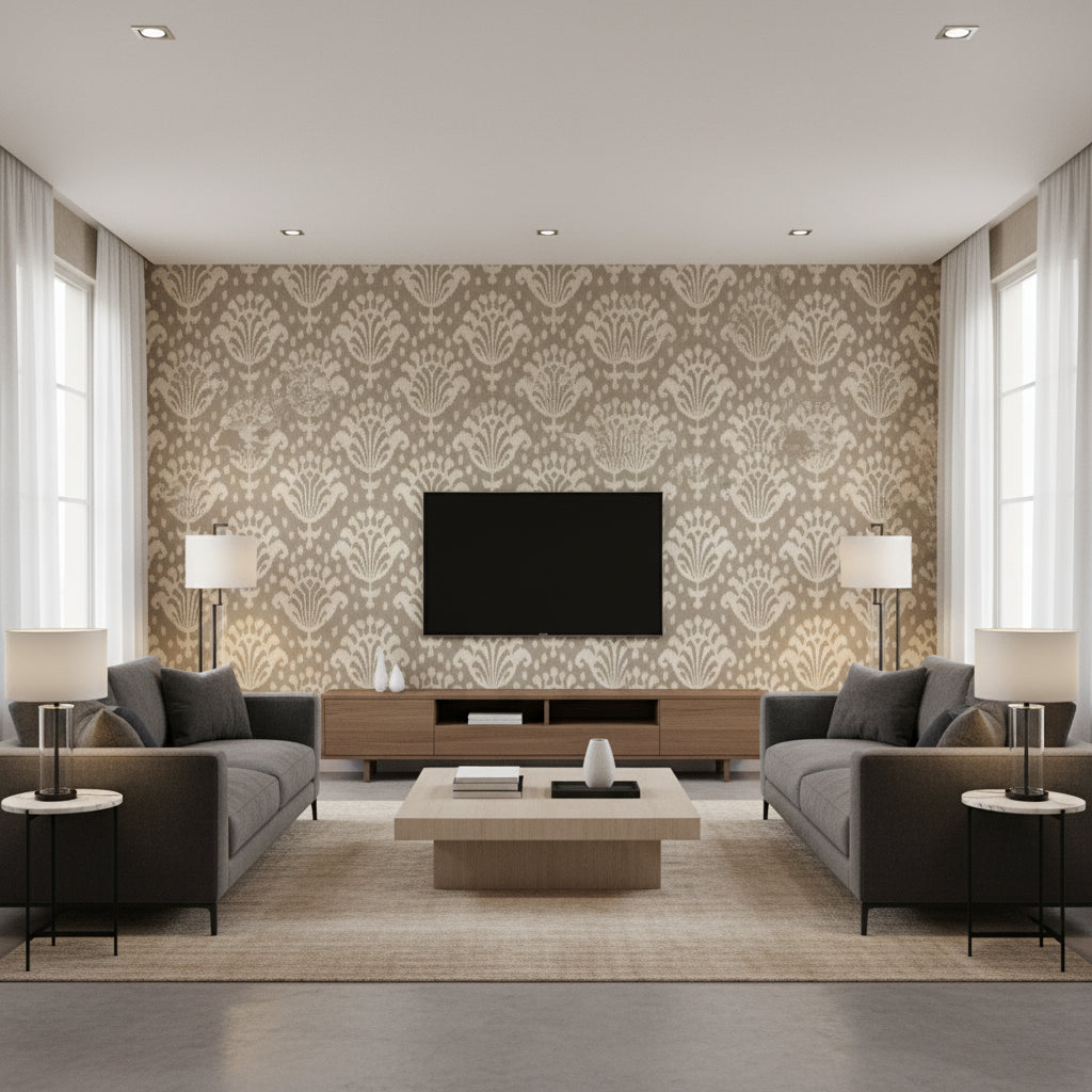 Gibraltar Light Grey Grey | Thibaut - Living Room Visualization (AI-generated, may not be to scale. Verify pattern scale with product specifications.)