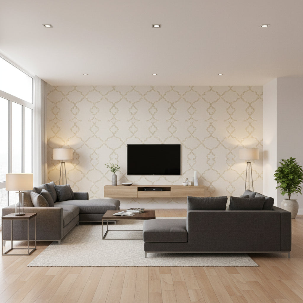 Gibraltar Off White Off White | Thibaut - Living Room Visualization (AI-generated, may not be to scale. Verify pattern scale with product specifications.)