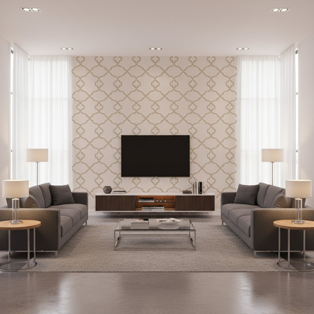 Gibraltar Linen Linen | Thibaut - Living Room Visualization (AI-generated, may not be to scale. Verify pattern scale with product specifications.)