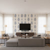 St. Barts Navy on White ivory | Thibaut - Living Room Visualization (AI-generated, may not be to scale. Verify pattern scale with product specifications.)