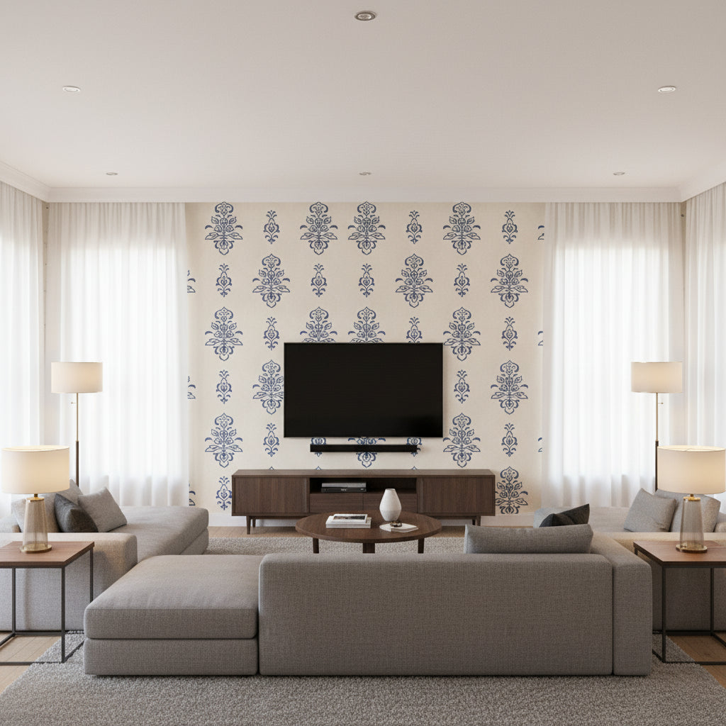 St. Barts Navy on White ivory | Thibaut - Living Room Visualization (AI-generated, may not be to scale. Verify pattern scale with product specifications.)