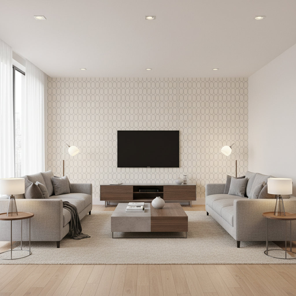 St. Barts Linen Linen | Thibaut - Living Room Visualization (AI-generated, may not be to scale. Verify pattern scale with product specifications.)