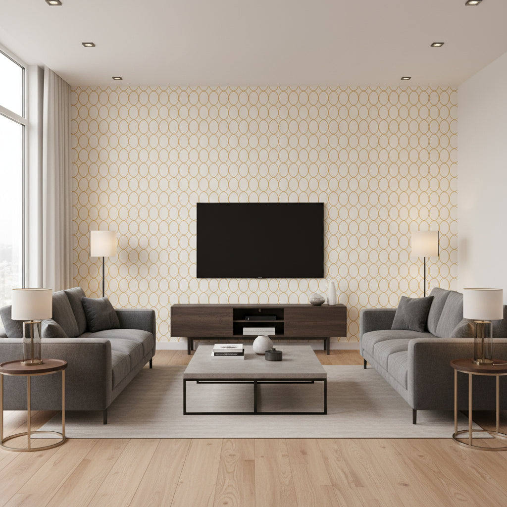 St. Barts Orange ivory | Thibaut - Living Room Visualization (AI-generated, may not be to scale. Verify pattern scale with product specifications.)