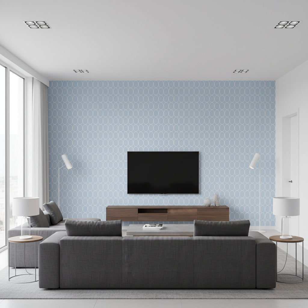 St. Barts Blue light blue | Thibaut - Living Room Visualization (AI-generated, may not be to scale. Verify pattern scale with product specifications.)