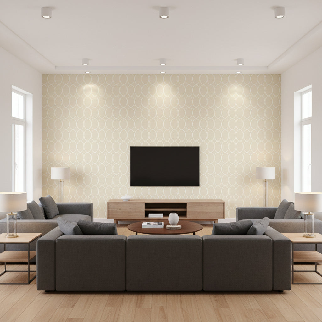 Ingrid Black on Beige Beige | Thibaut - Living Room Visualization (AI-generated, may not be to scale. Verify pattern scale with product specifications.)