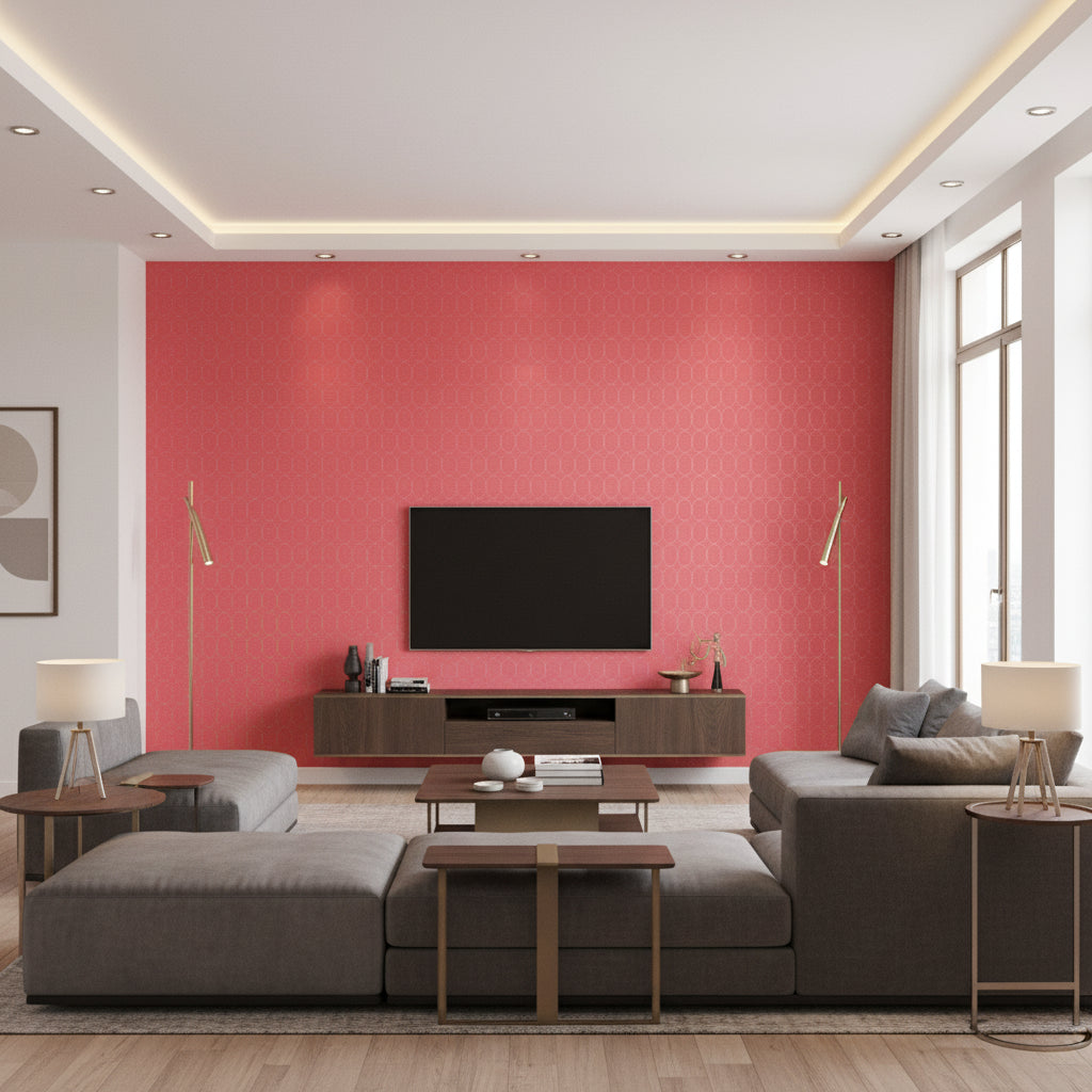 Ingrid Black on Pink coral | Thibaut - Living Room Visualization (AI-generated, may not be to scale. Verify pattern scale with product specifications.)