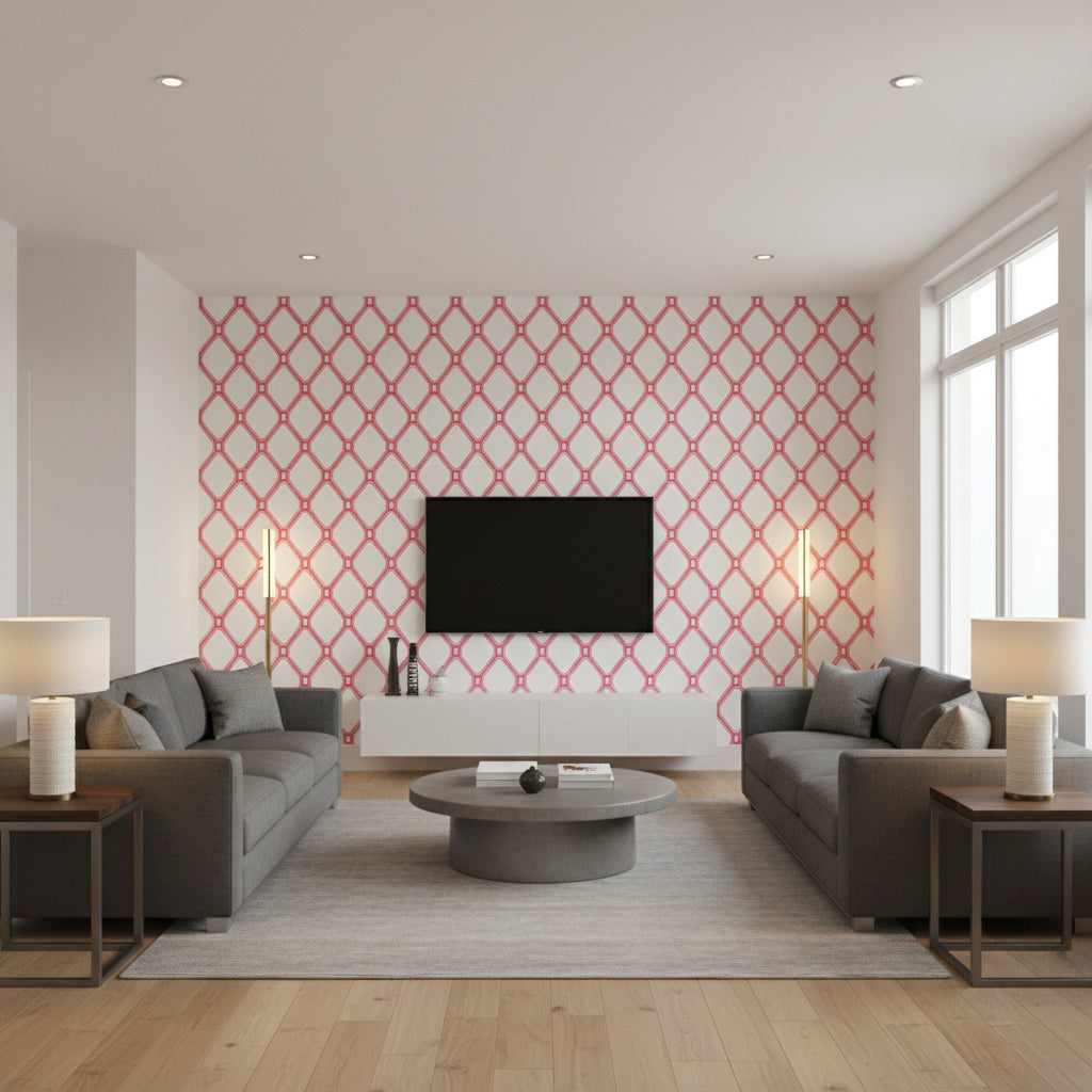 Ingrid Black on Raspberry on White Raspberry on White | Thibaut - Living Room Visualization (AI-generated, may not be to scale. Verify pattern scale with product specifications.)