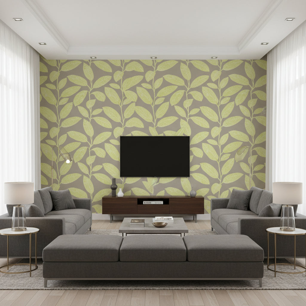 Regatta Raffia Grey and Green Grey and Green | Thibaut - Living Room Visualization (AI-generated, may not be to scale. Verify pattern scale with product specifications.)