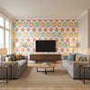 Bimini Ikat Pink and Turquoise Pink and Turquoise | Thibaut - Living Room Visualization (AI-generated, may not be to scale. Verify pattern scale with product specifications.)