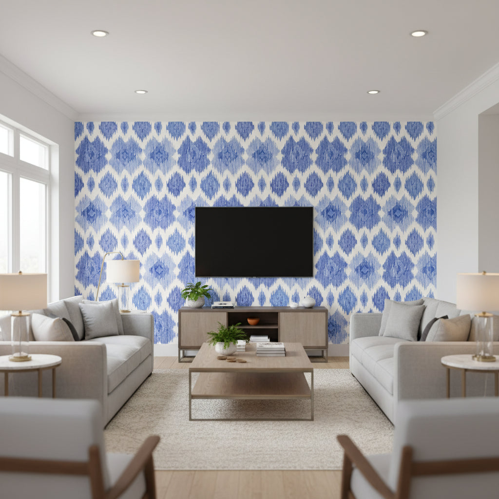 Bimini Ikat Blue and White Blue and White | Thibaut - Living Room Visualization (AI-generated, may not be to scale. Verify pattern scale with product specifications.)