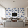 Bimini Ikat Blue on White Blue on White | Thibaut - Living Room Visualization (AI-generated, may not be to scale. Verify pattern scale with product specifications.)
