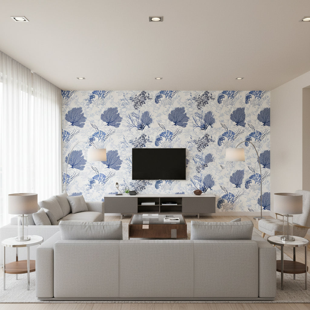Bimini Ikat Blue on White Blue on White | Thibaut - Living Room Visualization (AI-generated, may not be to scale. Verify pattern scale with product specifications.)