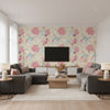 Rinca Pink Pink | Thibaut - Living Room Visualization (AI-generated, may not be to scale. Verify pattern scale with product specifications.)