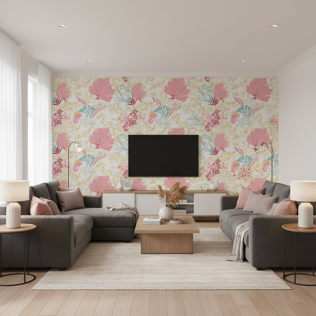 Rinca Pink Pink | Thibaut - Living Room Visualization (AI-generated, may not be to scale. Verify pattern scale with product specifications.)