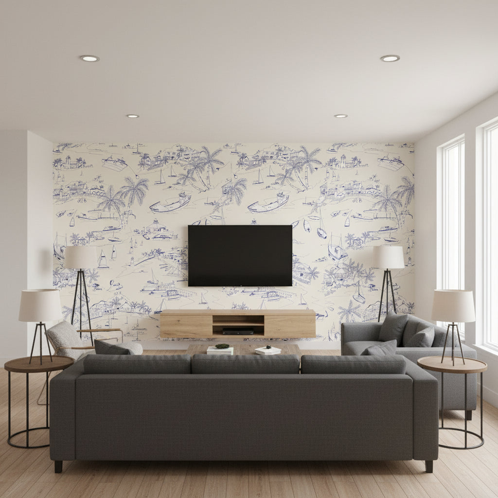 Lucala Blue and Beige ivory | Thibaut - Living Room Visualization (AI-generated, may not be to scale. Verify pattern scale with product specifications.)