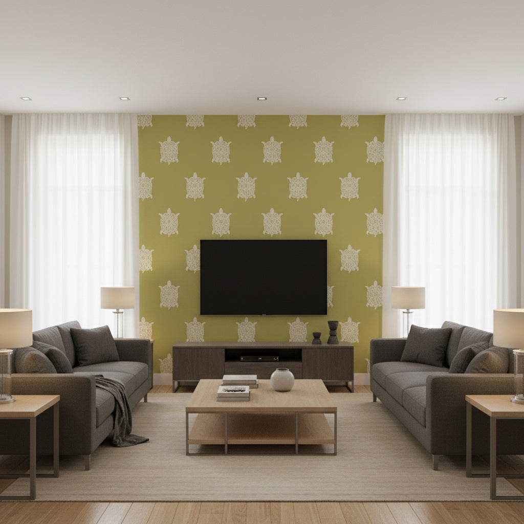 Turtle Bay Green olive | Thibaut - Living Room Visualization (AI-generated, may not be to scale. Verify pattern scale with product specifications.)