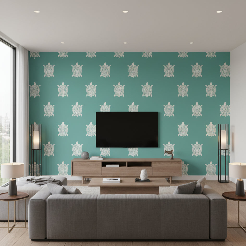 Turtle Bay Turquoise seafoam green | Thibaut - Living Room Visualization (AI-generated, may not be to scale. Verify pattern scale with product specifications.)