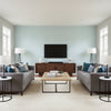 Seagreens Metallic on Blue Blue | Thibaut - Living Room Visualization (AI-generated, may not be to scale. Verify pattern scale with product specifications.)