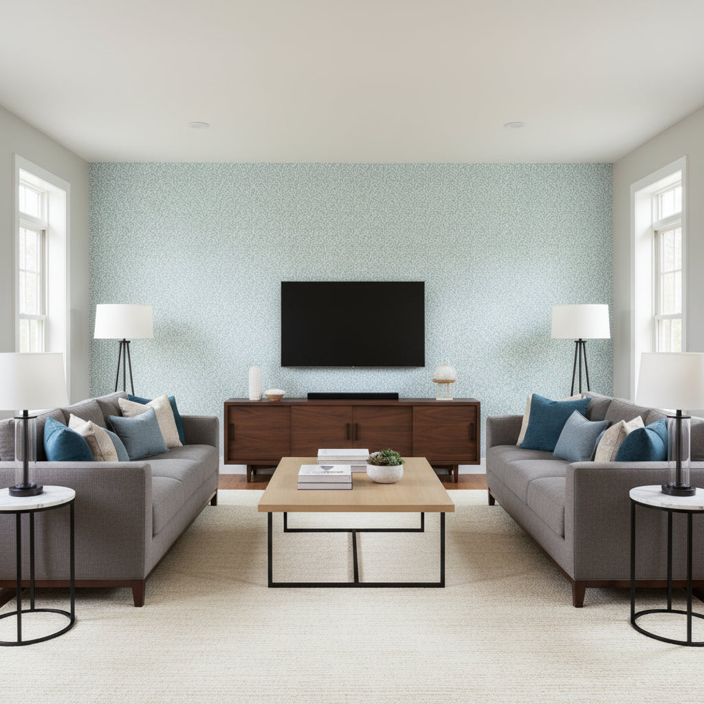 Seagreens Metallic on Blue Blue | Thibaut - Living Room Visualization (AI-generated, may not be to scale. Verify pattern scale with product specifications.)