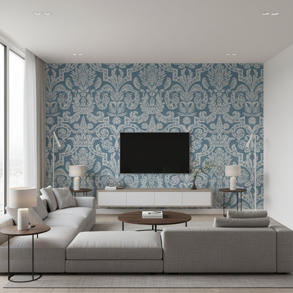 Braxton Texture Pearl on Slate Blue Pearl on Slate Blue | Thibaut - Living Room Visualization (AI-generated, may not be to scale. Verify pattern scale with product specifications.)