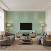 Garden Silhouette Metallic on Seaglass Metallic on Seaglass | Thibaut - Living Room Visualization (AI-generated, may not be to scale. Verify pattern scale with product specifications.)