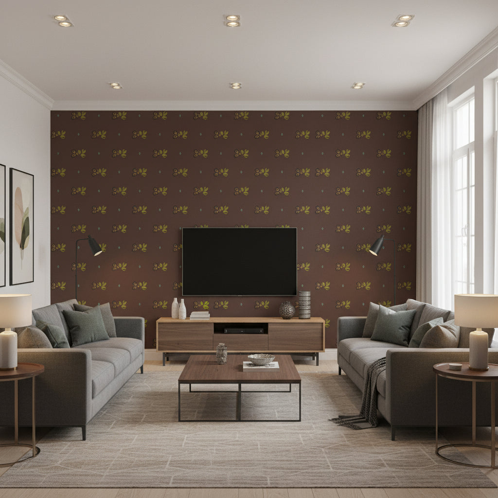 Spotted Orchid Brown Brown | Thibaut - Living Room Visualization (AI-generated, may not be to scale. Verify pattern scale with product specifications.)