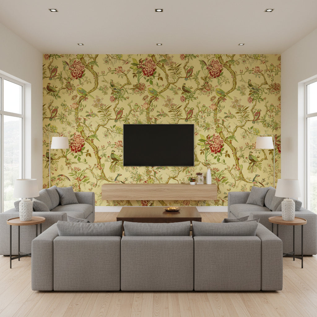 Klein Trellis Tobacco Tobacco | Thibaut - Living Room Visualization (AI-generated, may not be to scale. Verify pattern scale with product specifications.)