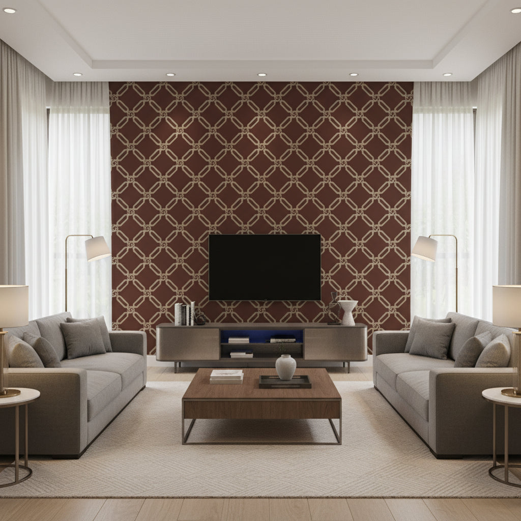 Klein Trellis Brown Brown | Thibaut - Living Room Visualization (AI-generated, may not be to scale. Verify pattern scale with product specifications.)