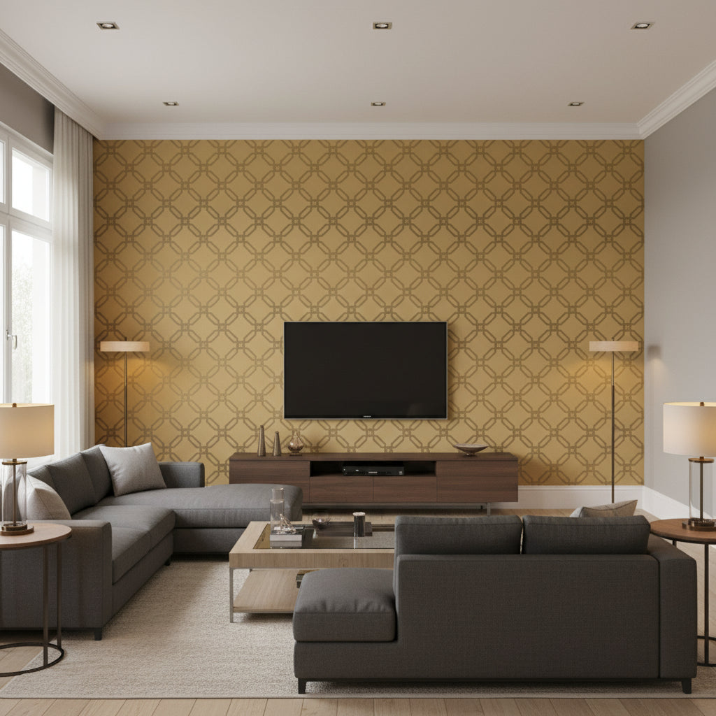 Klein Trellis Tobacco Tobacco | Thibaut - Living Room Visualization (AI-generated, may not be to scale. Verify pattern scale with product specifications.)